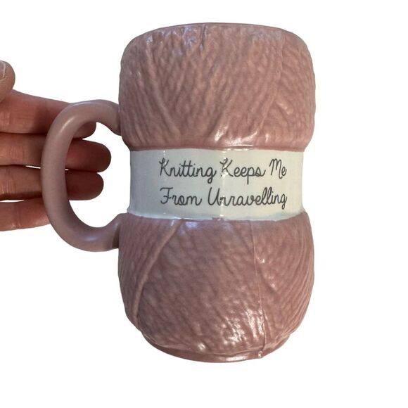 "Knitting Keeps Me from Unravelling" Pink Yarn Ceramic Coffee Tea Cocoa Mug - Picture 1 of 4